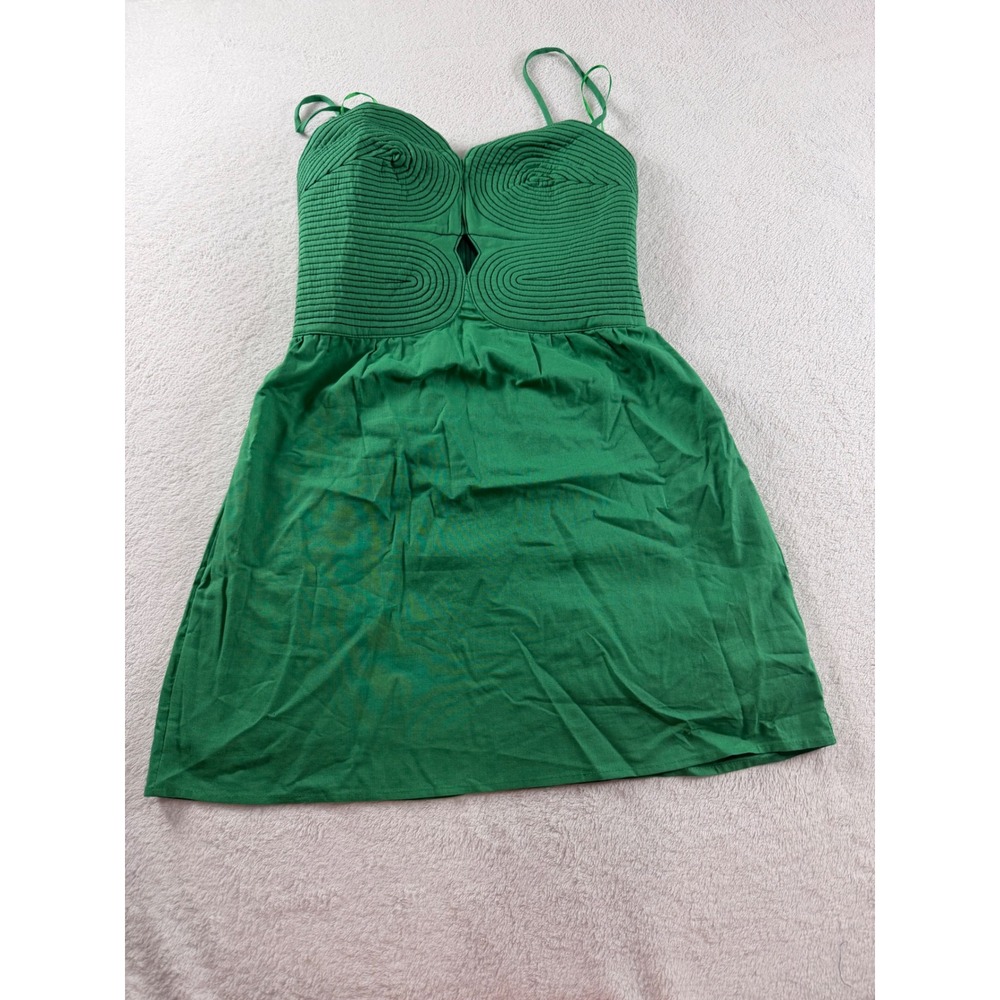 Strut & Bolt Green Cotton Linen Mini Dress Small Corded Bodice Cutout D-10460-H - Picture 2 of 10